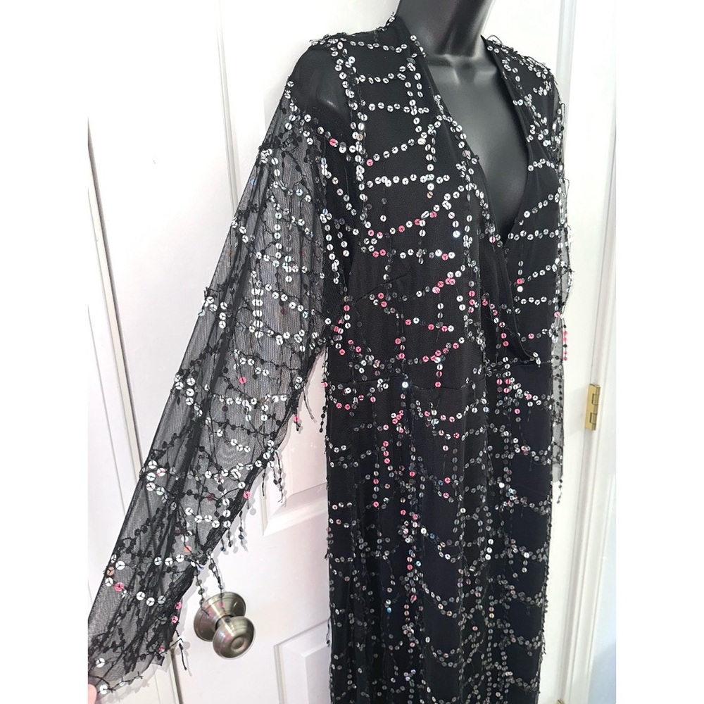 Southern Fried Chics Black Sequin Maxi dress with Mesh Sleeves - Picture 2 of 8